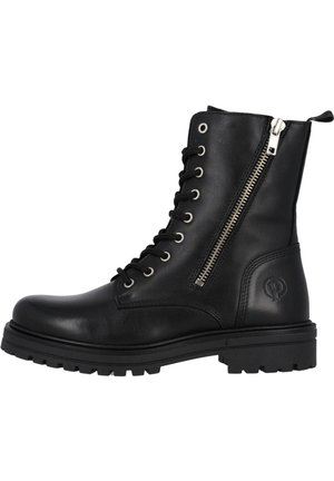 Schwarze Lederkampfstiefel mit runder Spitze, Vorderlacing, seitlichem Reißverschluss und strukturiertem Gummisohle. Mit geprägt Logo auf der Ferse.