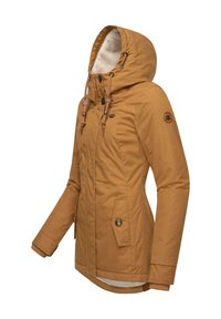 Brown, insulated jacket with a removable hood, zipper and button closure, two side pockets, and ribbed cuffs. Soft interior lining visible.