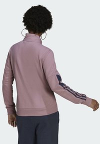 Roze trui met een hoge kraag, gestructureerde stof en marineblauwe streepaccenten op de mouwen. Geribbelde manchetten en zoom. Achteraanzicht.