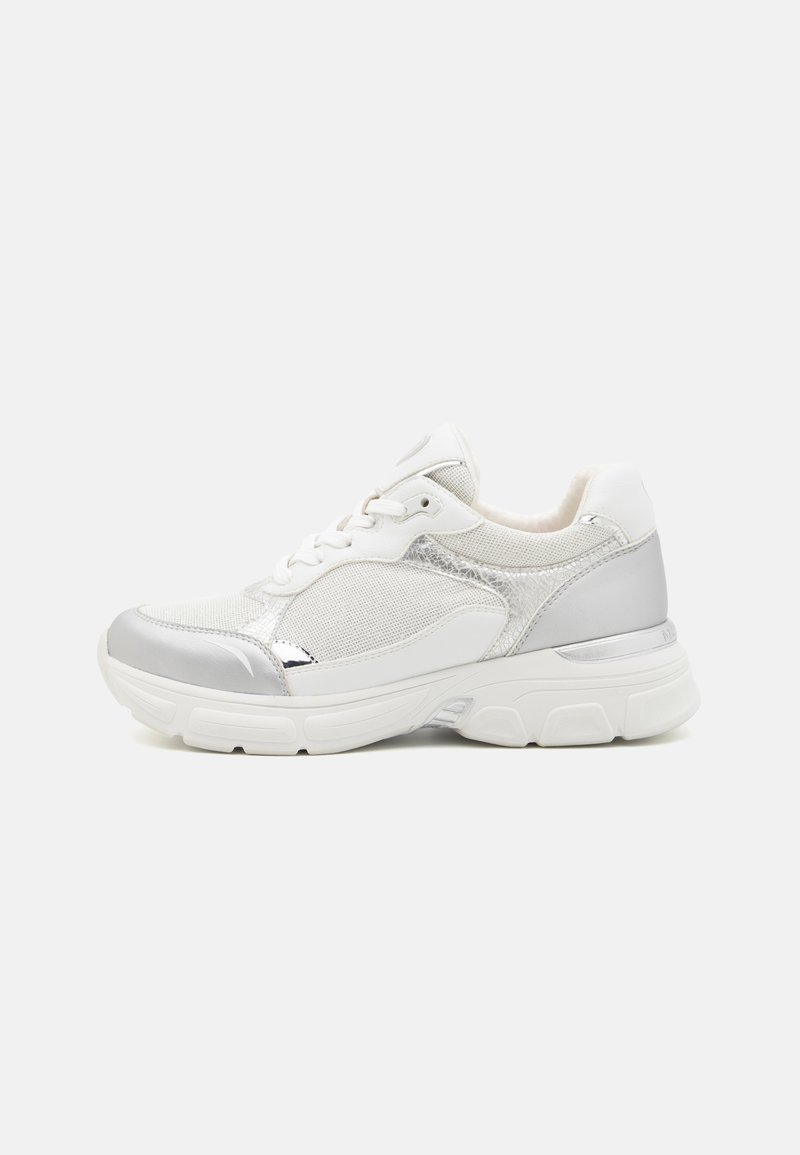 White athletic shoe with mesh and silver synthetic accents, featuring laces, a cushioned sole, and rounded toe design.