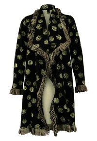 Zwarte cardigan met grote groene cirkelpatronen, franjes langs de randen, open voorkant en lange mouwen. Zacht, gestructureerd materiaal met een gevallen ontwerp.