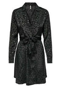 Abito in satin nero con design a bottoni, maniche lunghe e vita regolabile con cravatta. Il tessuto presenta un sottile motivo stampa animale.