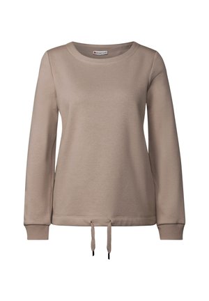 Helles Beigefarbenes Sweatshirt mit Rundhalsausschnitt, langen Ärmeln und einem Kordelzug am Saum. Weicher Stoff mit gerippten Bündchen und Saum.
