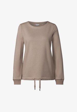 Jasno beżowy sweatshirt z okrągłym dekoltem, długimi rękawami i sznurkiem ściągającym na dole. Miękki materiał z prążkowanymi mankietami i dolnym obszyciem.