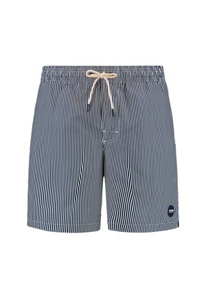 Tummansiniset uimaportaat, joissa on valkoiset pystysuorat raidat, joustava vyötärö, säädettävä naru ja pieni logo alareunassa.