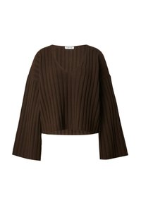 Brown ribbed knit sweater with a V-neck, wide sleeves, and a cropped cut. Features vertical texture and soft, stretchy material.