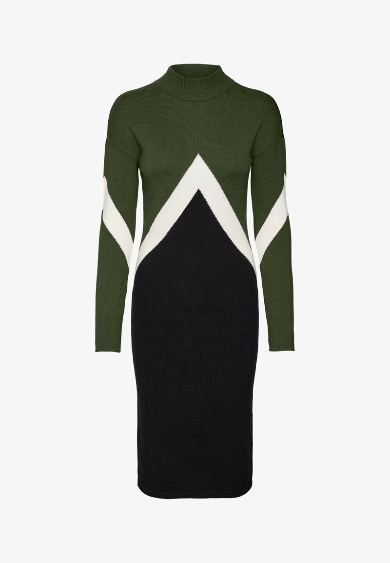 Knit dress with a high neckline, featuring a green top, white chevron pattern, and a black skirt. Long sleeves and body-hugging shape.