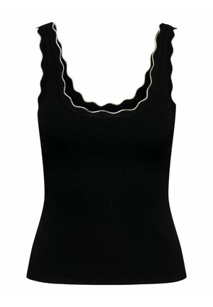 Haut en maille noir côtelé sans manches avec des bords festonnés le long de l'encolure carrée et des bretelles.
