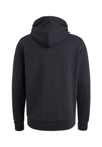 Donkerblauwe katoenen hoodie met een grote, zachte capuchon. Het ontwerp heeft ribgebreide manchetten en een zoom voor een aansluitende pasvorm. Glad textuur overal.