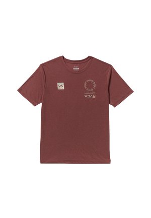 Bordeaux katoenen T-shirt met ronde hals, korte mouwen en geprinte logo's in crème. Beschikt over een gestructureerde stof en een normale pasvorm.