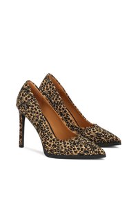 Pantofi cu toc înalt cu imprimeu leopard, cu vârf ascuțit, talpă neagră și interior maroniu. Textura materialului este moale, cu un ușor luciu.
