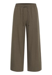 Wijd uitgesneden broek van olijfgroene stof, met een elastische tailleband en een trekkoord, en een soepele textuur.