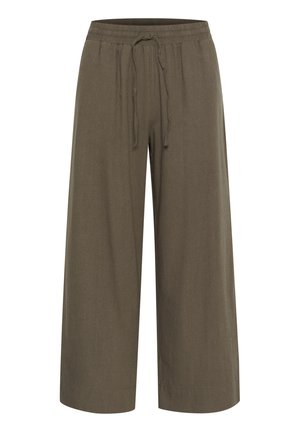 Wide-leg pants in olive green fabric, featuring an elastic waistband with a drawstring, and a smooth texture.