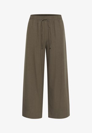 Wijd uitgesneden broek van olijfgroene stof, met een elastische tailleband en een trekkoord, en een soepele textuur.