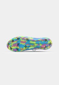 Multicolored soccer cleat sole with a tie-dye pattern in blue, pink, green, and yellow. Features six pointed studs for traction.
