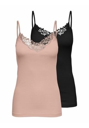 To dames toppe uden ærmer, en beige og en sort, hver med blonder på V-udskæringen og tynde skulderstropper.