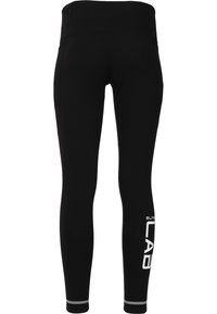Zwarte legging met een hoge tailleband, voorzien van een gladde textuur, zijpanelen van mesh en een wit "ELITE LAB" logo op het linkerbeen.
