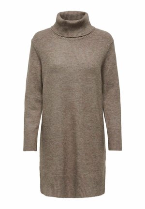 Vestido de punto en un beige suave, con cuello alto y puños y dobladillo acanalados, que ofrece una apariencia suave y texturizada.