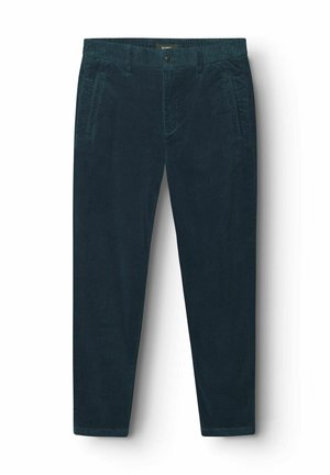 Tume teal värvi kummipaelaga püksid, millel on slim fit lõige, ees taskud, nööbiga sulgur ja tekstureeritud ribaga pind.