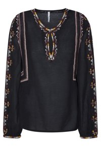 Black long-sleeve blouse with embroidered patterns in red, yellow, and white, featuring a V-neck and gathered cuffs. Lightweight fabric.