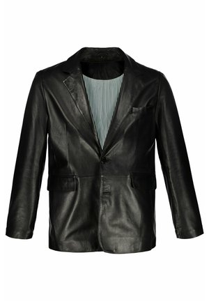 Schwarze Lederblazer mit einem einzelnen Knopfverschluss, zwei Fronttaschen und einem blau-weiß gestreiften Futter. Glatte, elegante Textur.