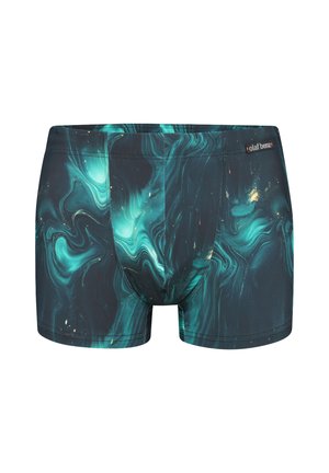 Miesten bokserishortsit, joissa on teal- ja musta abstrakti kiemurakuvio sekä pieni "olaf benz" -merkintä vyötärönauhassa.