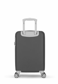Gray hard-shell suitcase with a retractable handle and four wheels. Smooth texture, zipper closure, and a minimalistic design.