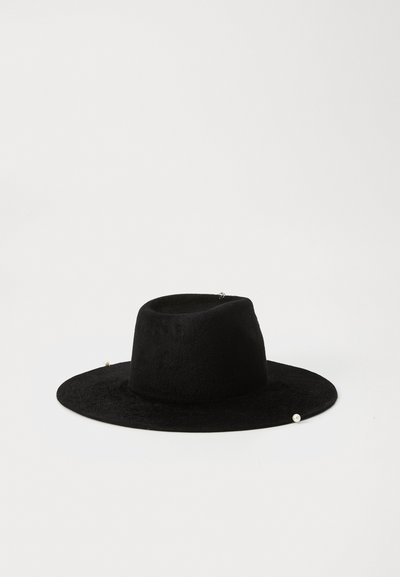 Black felt hat with a wide brim, sleek crown, and pearl accent on the side, featuring a textured finish.