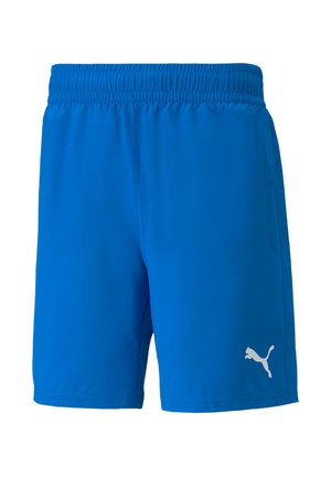 Modré sportovní šortky vyrobené z lehkého materiálu, s elastickým pasem a bílým logem Puma na dolní pravé straně.