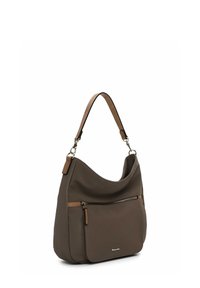 Brown hobo bag made of smooth material, featuring a zippered front pocket, a shoulder strap, and a soft curved shape. Accented with tan details.