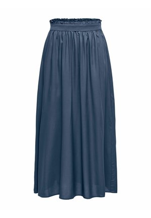 Marineblå ankel-lang nederdel med elastisk taljebånd og blødt, flydende stof.