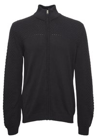 Sort strikket zip-up sweater med teksturerede mønstre på skuldre og arme, ribbede manchetter og kant, høj krave og sølvfarvet lynlås.