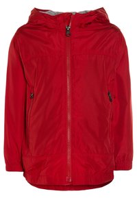 Rote Windjacke mit Reißverschluss vorne, Kapuze, elastischen Bündchen und Seitentaschen. Glattes, leichtes Material mit leicht glänzender Oberfläche.
