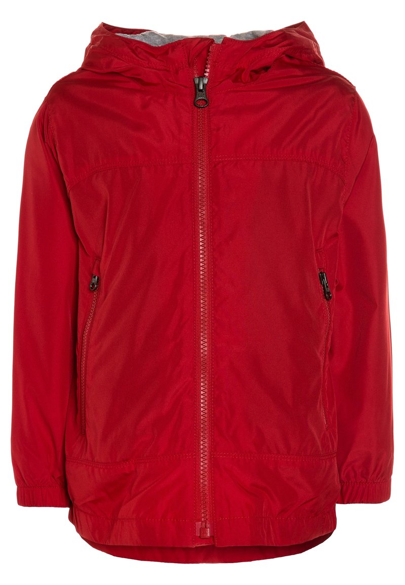 Rote Windjacke mit Reißverschluss vorne, Kapuze, elastischen Bündchen und Seitentaschen. Glattes, leichtes Material mit leicht glänzender Oberfläche.