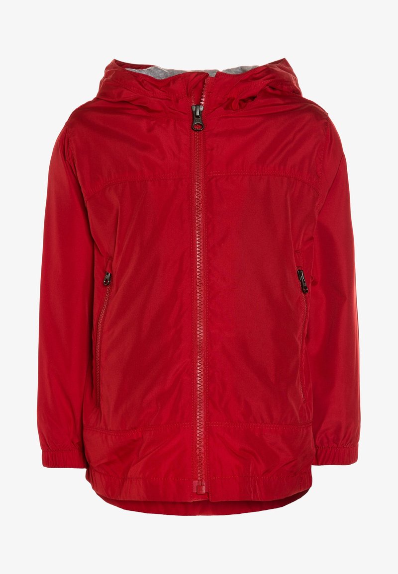 Rote Windjacke mit Reißverschluss vorne, Kapuze, elastischen Bündchen und Seitentaschen. Glattes, leichtes Material mit leicht glänzender Oberfläche.