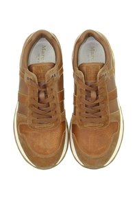 Brown leather sneakers with texture, featuring three horizontal stripes on the sides, round toe design, and contrasting white sole.