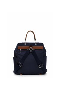 Mørkeblå rygsæk med brun læderhåndtag, justerbare skulderstropper, sidelommer og en lynlåslomme på bagsiden.