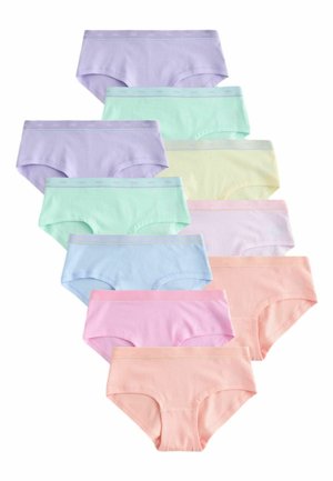 Zehn Paare Hipster-Damenunterwäsche in Pastellfarben, auf einem weißen Hintergrund in versetzter vertikaler Anordnung.