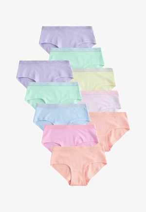 Deset parov ženskih hipsterskih spodnjic v pastelnih barvah, razporejenih v prehajajočo vertikalno razporeditev na belem ozadju.