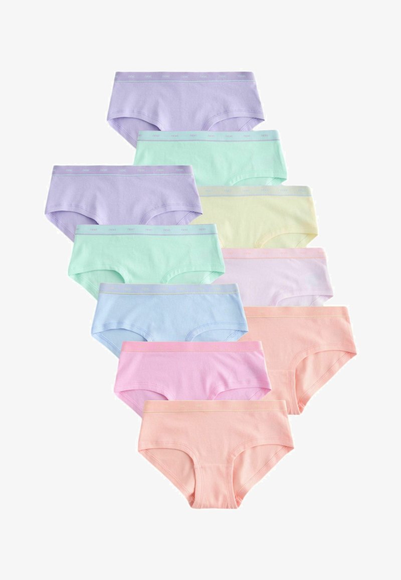 Deset parov ženskih hipsterskih spodnjic v pastelnih barvah, razporejenih v prehajajočo vertikalno razporeditev na belem ozadju.