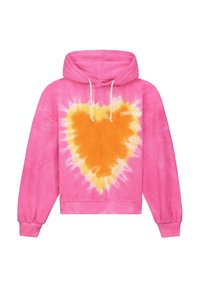 Roze hoodie met een fuzzy textuur, voorzien van een hartjespatroon in oranje en geel. De trekkoorden en geribde manchetten maken het ontwerp compleet.