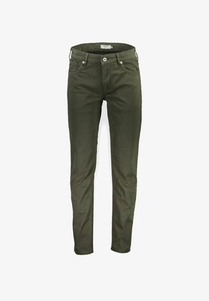 Jeans de corte slim en verde oliva, confeccionados en una mezcla de algodón, que cuentan con un diseño clásico de cinco bolsillos y cierre de botón metálico en la cintura.