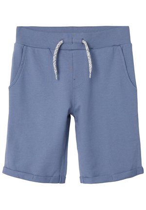Niebieskie bawełniane szorty z elastycznym pasem, białym sznurkiem do wiązania, kieszeniami po bokach i podwiniętymi brzegami.