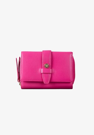 Pink leather wallet with a fold-over design, featuring a clasp closure, side zip compartment, and subtle stitching details.