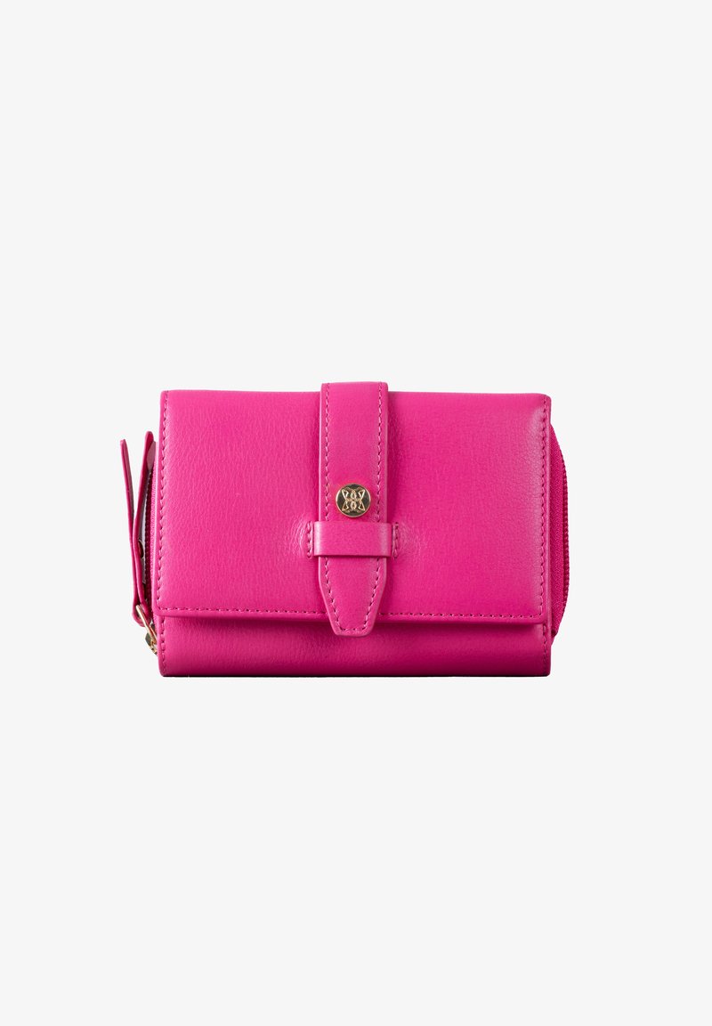 Pink leather wallet with a fold-over design, featuring a clasp closure, side zip compartment, and subtle stitching details.