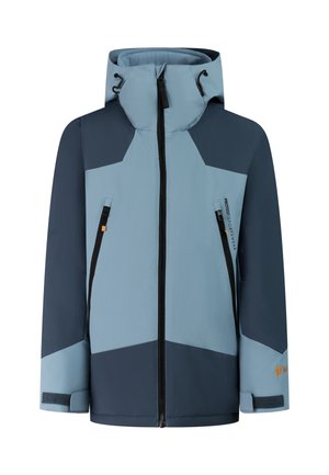 Blauwe en donkerblauwe capuchonjas met ritssluiting aan de voorkant, twee zijzakken met ritssluiting en verstelbare klittenbandmanchetten.