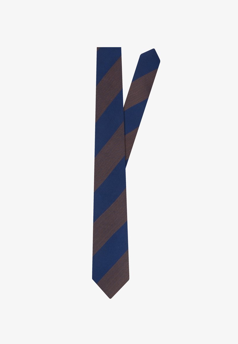 Mørkeblå og brunt diagonaltstribet herreslips med skiftevis brede diagonale striber og tekstureret mønster på de brune sektioner.