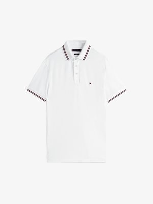 White polo shirt with short sleeves, featuring a three-button placket and black and red striped accents on the collar and sleeves.