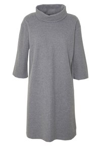 Abito grigio in maglia con collo a scollo curvo, maniche corte e design morbido, caratterizzato da una texture liscia e linee pulite.