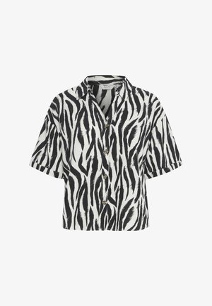 Short-sleeve button-up shirt in a zebra print pattern with black and white stripes. Made of lightweight fabric with a collar and relaxed fit.